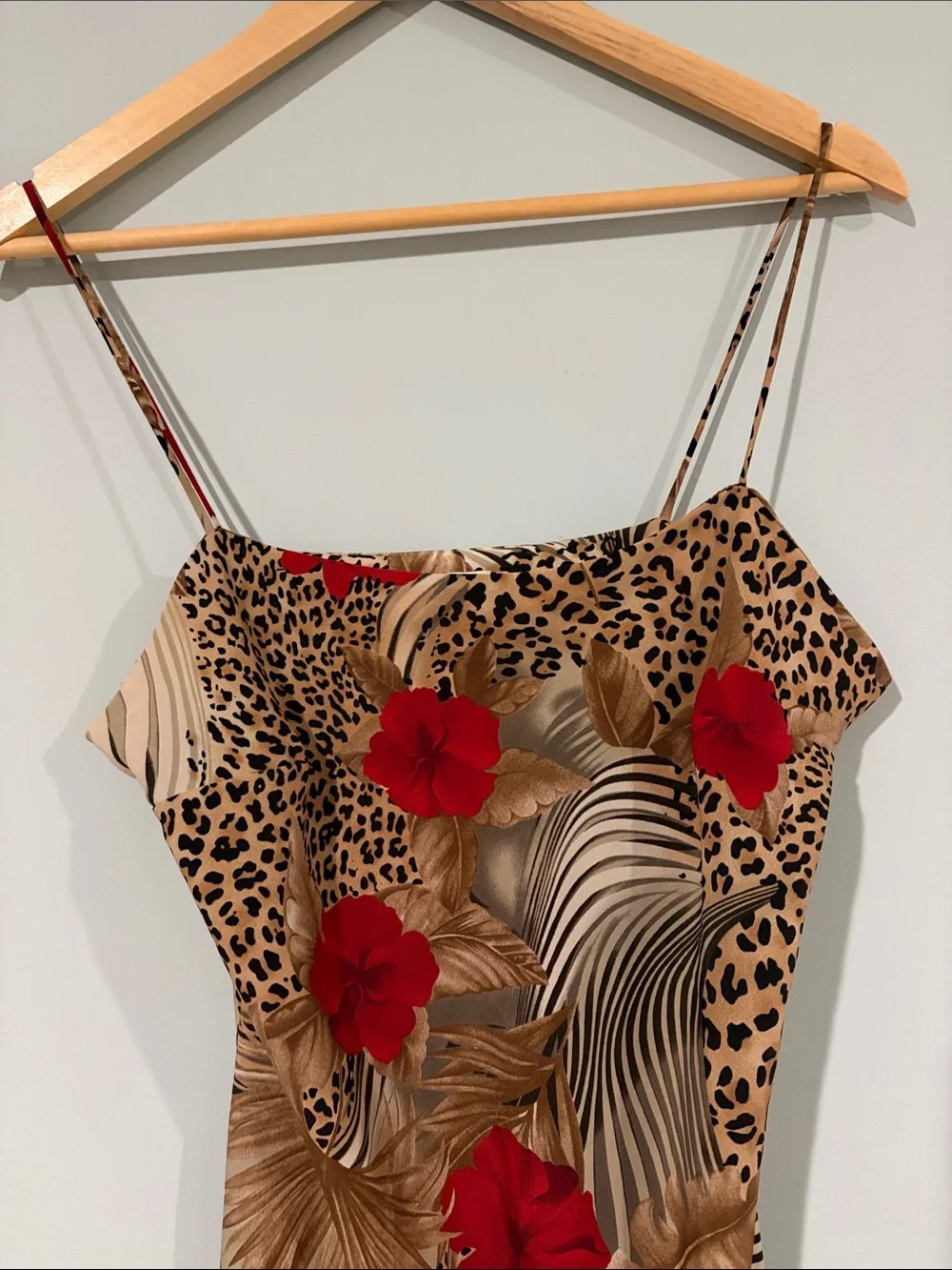 Y2K-era Tropical Leopard Slip Midi Dress with Red Floral - Picture 3 of 9